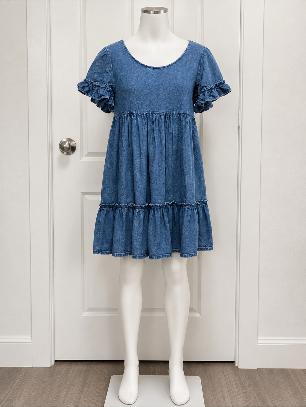 Exist Denim Dress Women’s L Blue Ruffle Sleeve Tiered Mini Dress Cottagecore